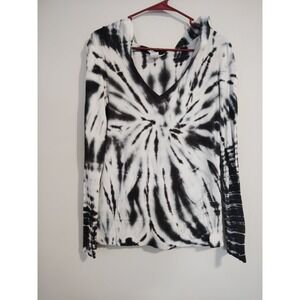 Hard Tail Women's Hoodie Black/White Tie Dye Long Sleeve V-Neck Shirt Top Medium